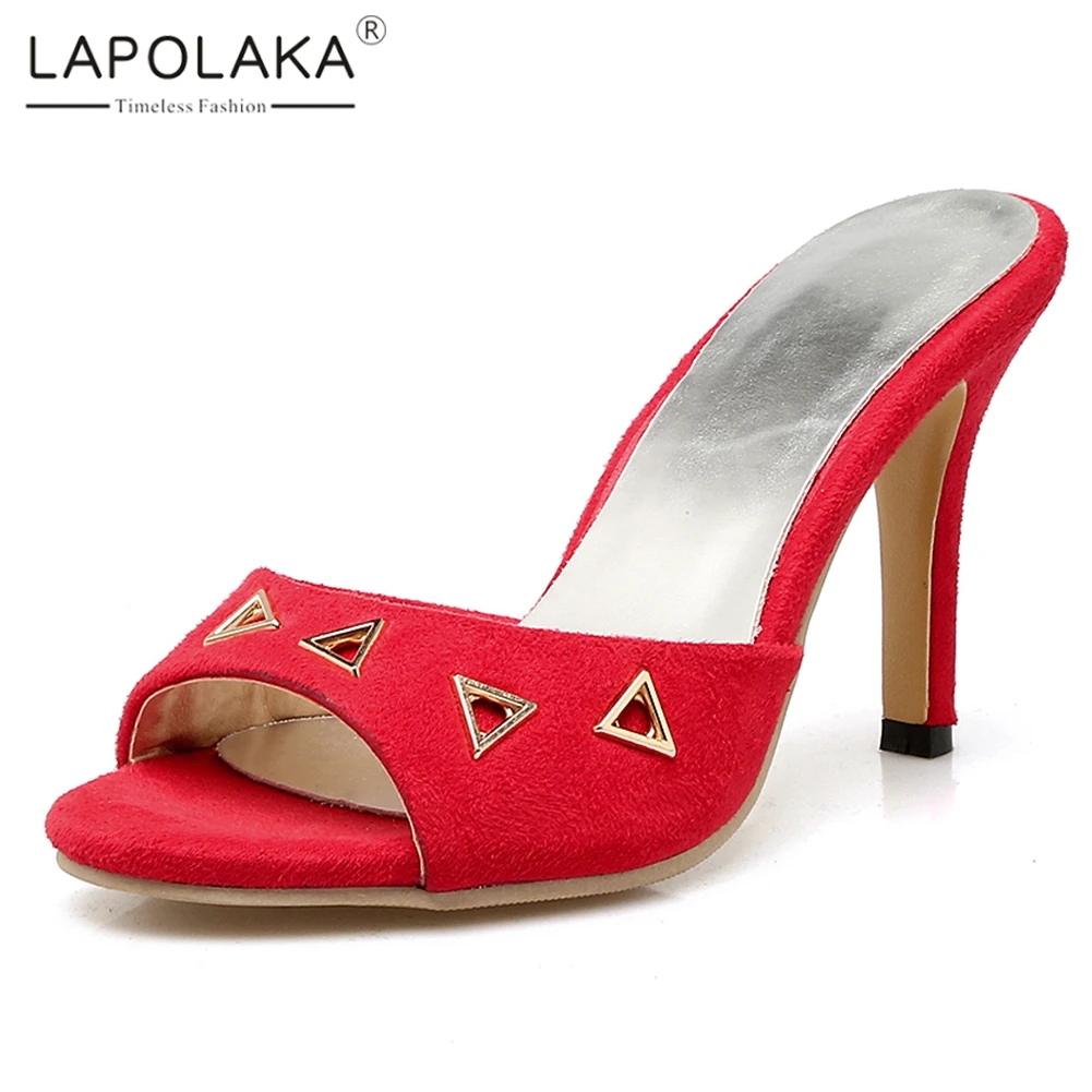 

Lapolaka New INS Hot Flock Geometric Hollow Mules Woman 2019 Summer Thin High Heels Slippers Women Party Shoes Woman Size 34-43