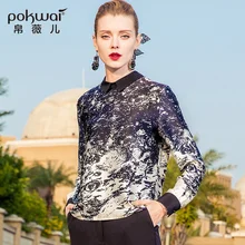 POKWAI Casual Print Silk Blouse Shirt Women Fashion 2018 New Arrival Long Sleeve Turn-Down Collar Chiffon Tops
