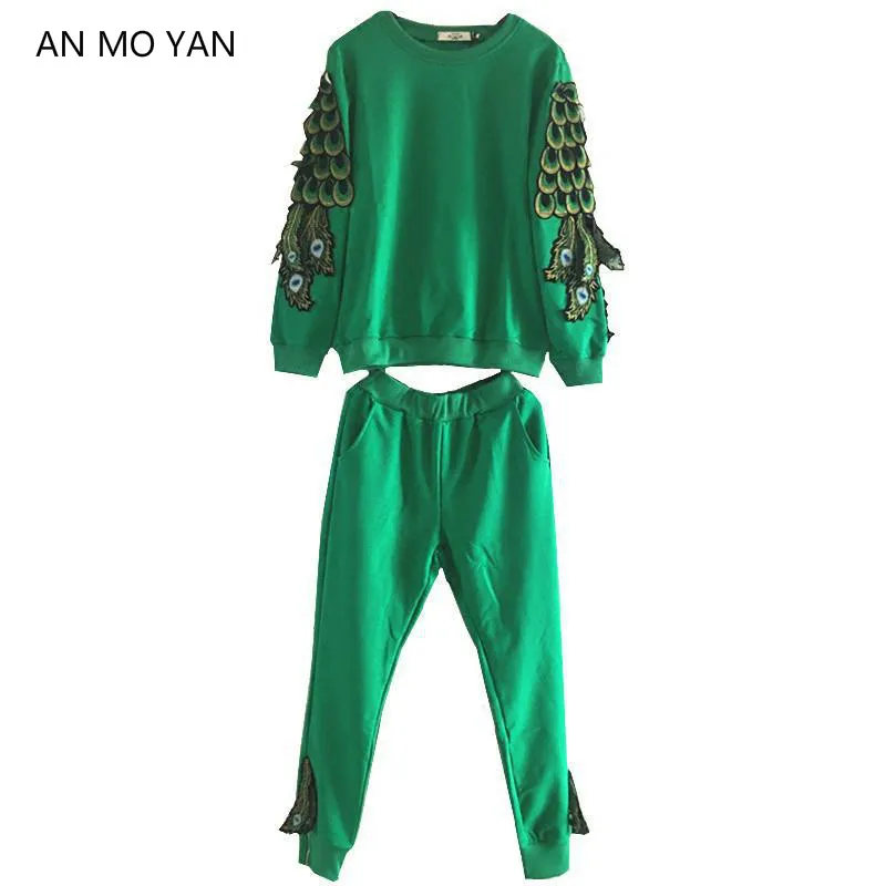 Китайский уличный стиль женский зеленый Модный комплект из двух предметов перо коллаж Harajuku Эластичный пояс Одежда Костюм женский