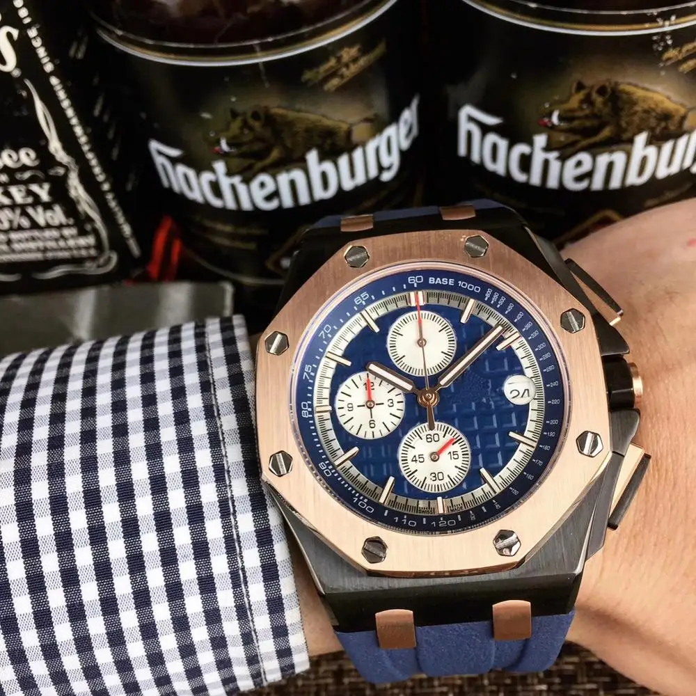 

2019 aaa top brand luxury men's sports wristwatch AP ROYAL OAK series 44 mm blue dial rubber strap automatic men's quartz watch
