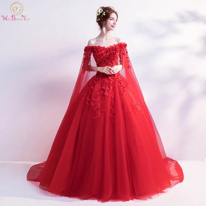 Ходить рядом с вами слоновая кость Красные Свадебные платья недорогое бальное платье аппликация из кружевного тюля блестками с плеча с