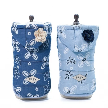 

Autumn Winter Cowboy Sleeveless Vest Dog Clothes Pet Clothing With Floral Warm Denim Clothes for Dogs