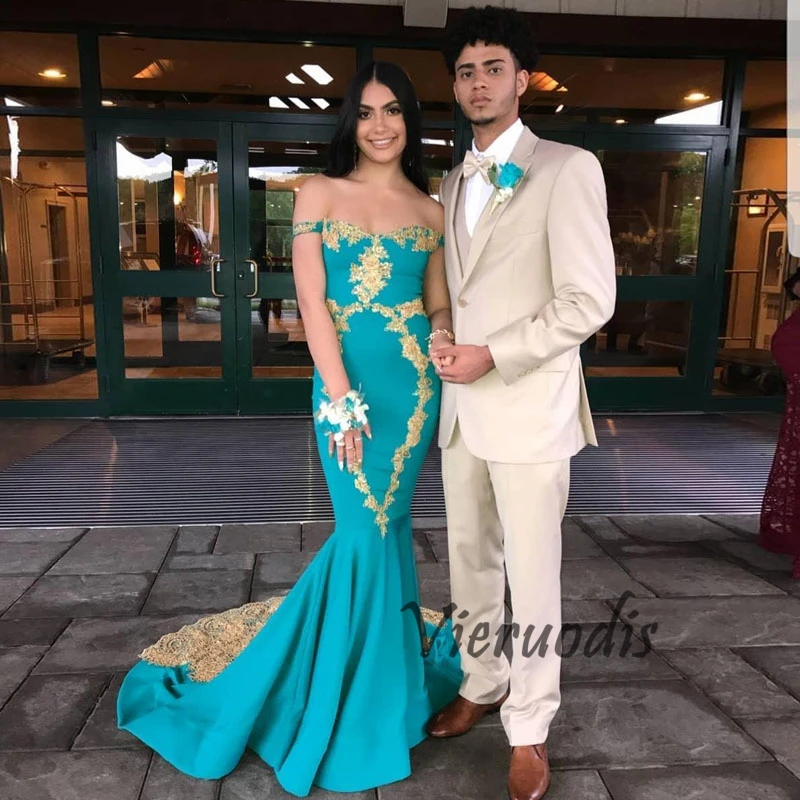 35-1           2018 New Mermaid Prom Gowns Gold Appliques Floor Length Formal Party Dresses Vestidos Turquoise Gala Long Evening Gowns