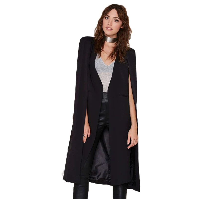 

2017 New Fashion Women Jackets Spring Autumn Solid Slim Long Design Suit Coat Female Split Bat Cloak Cape Blazer Outerwear SF062