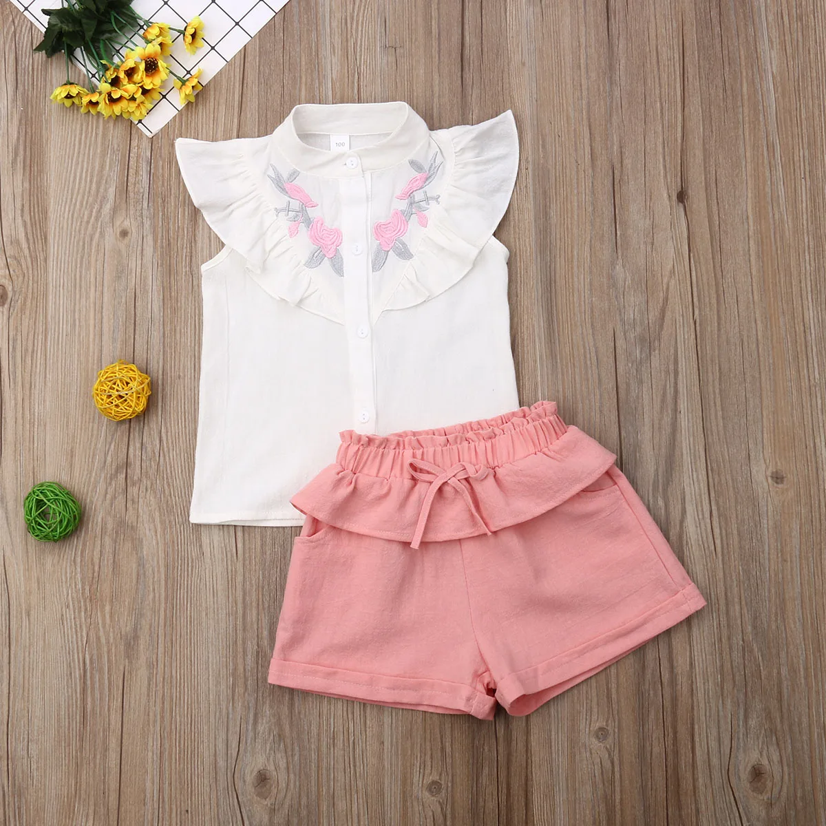 Sweet Kids Baby Girl Clothes Plain 2Pcs Sets Vest+Shorts Child Girl Outfits Flower Embroidery Ruffles Tank Tops Shorts 2-7Y