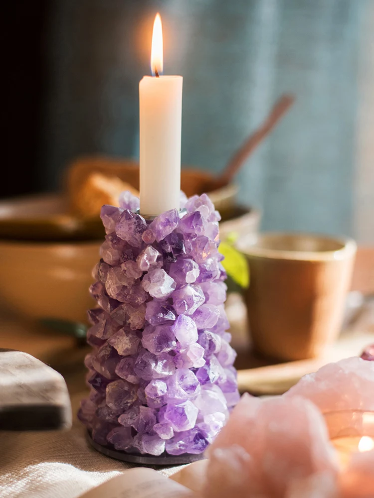 

Natural Amethyst Candlestick yellow-green fluorite agate decorative ornaments energy geomantic omen gifts crystal candle holder