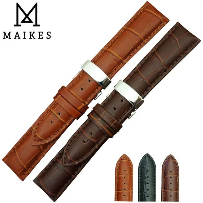 Ремешок MAIKES из натуральной кожи для наручных часов черный браслет с пряжкой