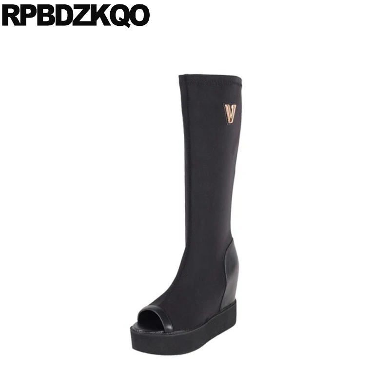 

slip on lycra luxury brand shoes women long knee high boots peep toe black casual 2018 stretch wedge heel slim sandals platform
