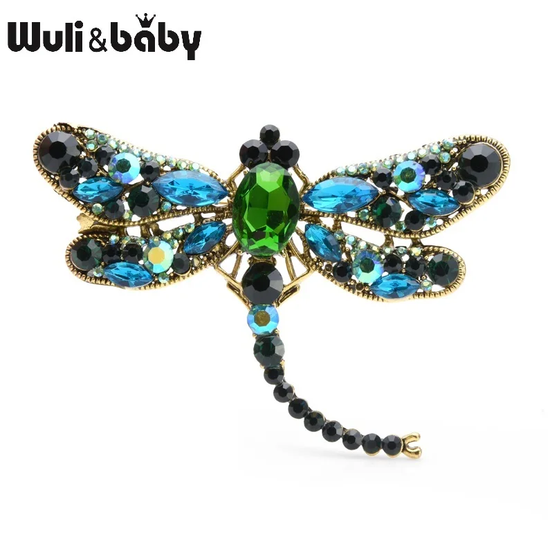 Wuli& baby, большая зеленая Хрустальная стрекоза, броши для женщин и мужчин, брошь из сплава в виде насекомых, булавки, подарки