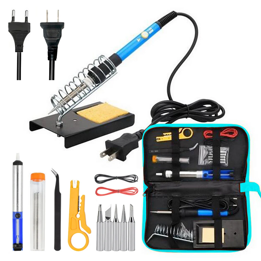 

60W Soldering Iron Kit Adjustable Temperature Electric Soldering Irons Solder Tips Tin Wire Tweezers Welding Tools Set 110V 220V