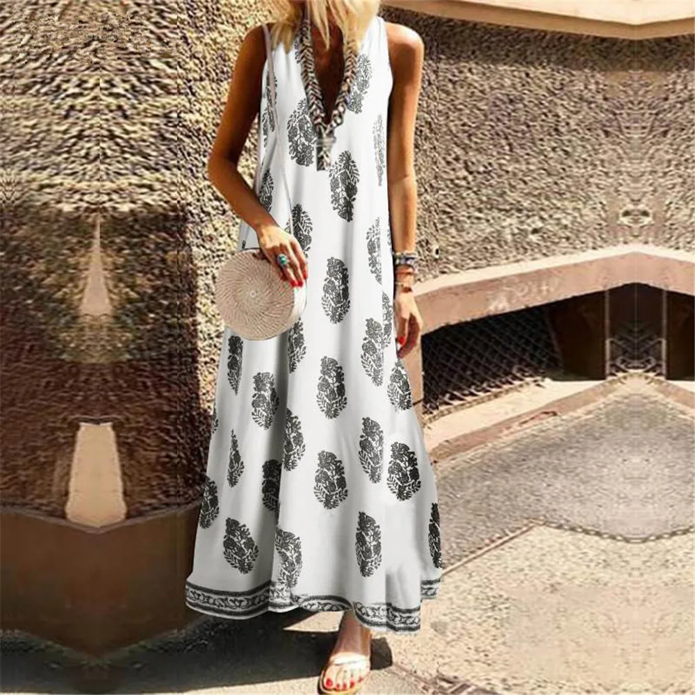 

Joineles Plus Size Leaf Print Summer Women Bohemian Dress V Neck Sleeveless Beach Casual Boho Maxi Dress Long Vestidos S~5XL