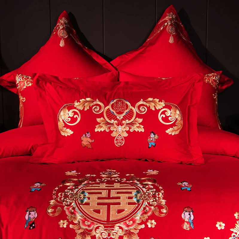 Luxury Gold Royal Embroidery 100% Cotton Red Chinese Style Wedding 4/6/9pcs Bedding Set Duvet Cover