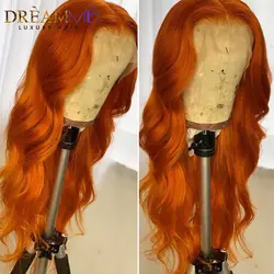 Цветной парик Оранжевый корпус волна Синтетические волосы на кружеве парик предварительно выщипать с ребенком волос Remy Синтетические