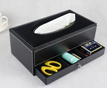 

quality PU leather tissue box wood multifunctional table napkin pumping paper box fashion