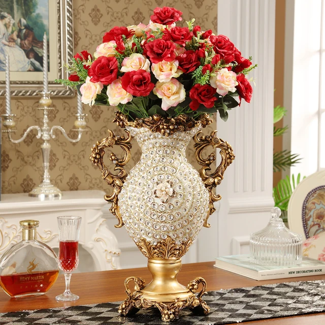 European Palace Luxury Diamond Large Resin Vase Figurines Home