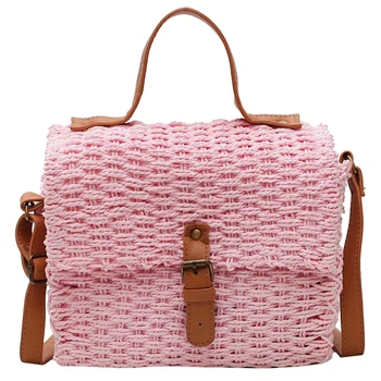 

New Ladies Hand-Woven Satchel Square Rattan Retro Literary Hand-Woven Leather Buckle Package Bohemia Beach Messenger Satchel