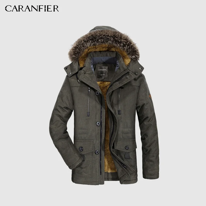 CARANFIER мужские зимние парки с капюшоном, утолщенная теплая верхняя одежда, мужское пальто плюс бархатное пальто средней длины, модная мужская куртка на молнии, M-5XL - Цвет: Армейский зеленый
