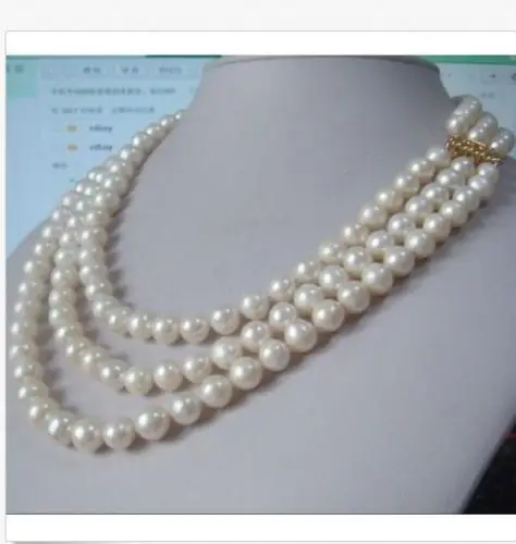 

FREE SHIPPING>>>@ RHJ0061 triple strands natural 9-10mm akoya white pearl necklace