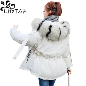 

UHYTGF Warm Oversize Overcoat Winter Jacket Women Top Faux Fur Hooded Parka Coats Ladies Down Cotton Parkas Basic Jackets Female