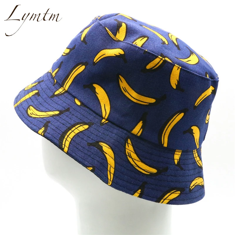 Women Casual Banana Print Blue Bucket Hat 2019 Summer Men Foldable