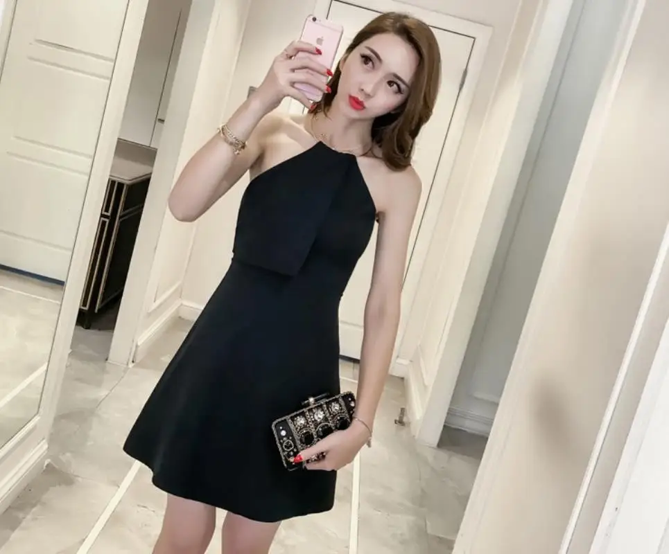 Summer new sexy back dress  metal ring hanging neck slim Asleeveless skirt 2018 Free Shipping