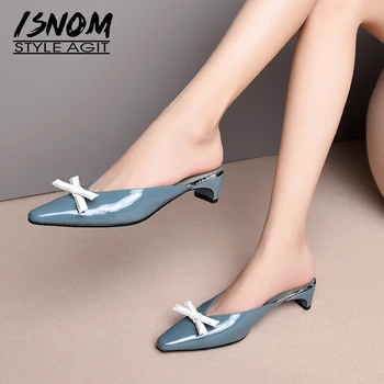 

ISNOM Patent Leather Slippers Women Med Heels 2019 New Slides Shoes Woman Party Mules Shoes Female Square Toe Shoes Ladies Blue