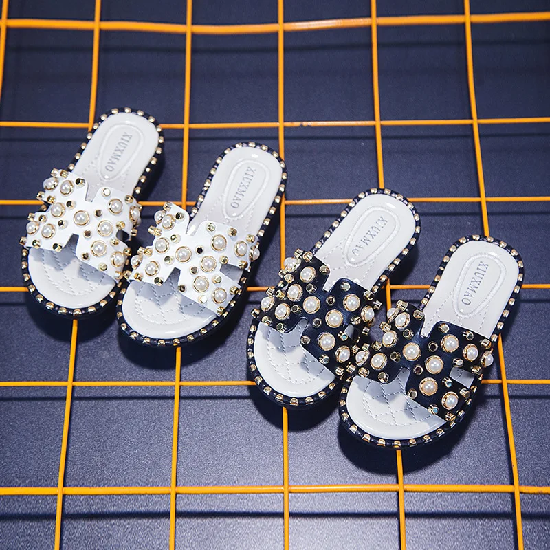 

Children's Slippers Rivet Fashion Girl Slippers With Soft Sole Pearl Semi-slippersxinkai