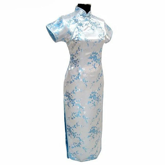 Черное традиционное китайское платье Mujer Vestido Женские атласные Qipao Мини Cheongsam цветочный размер S M L XL XXL XXXL 4XL 5XL 6XL J4039 - Цвет: Light Blue - Long