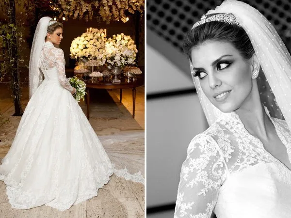 

2014 The Most Popular Novia De Vestidos V Neck Long Sleeve Puffy Lace Wedding Dresses
