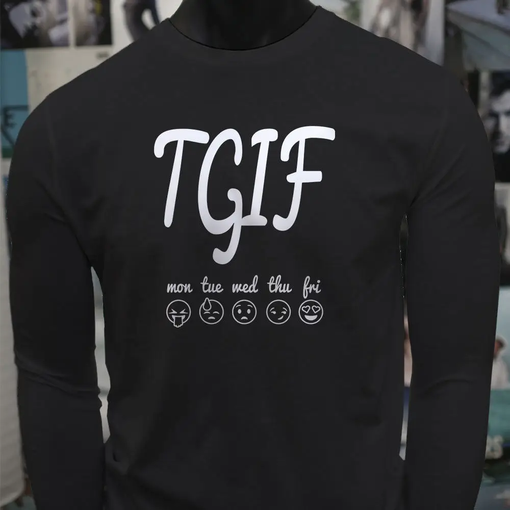 TGIF EMOJI THANK GOD FRIDAY HUMOR смешная работа Мужская черная футболка с длинным рукавом |