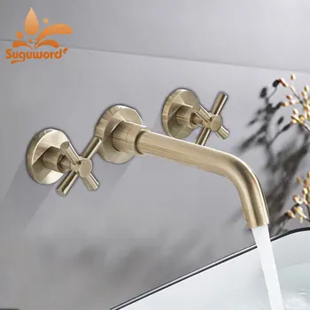 

Brushed Gold Connect Concealed Basin Sink Faucet Hot Cold Water Switch Mixer Tap Wall mount rotation spout