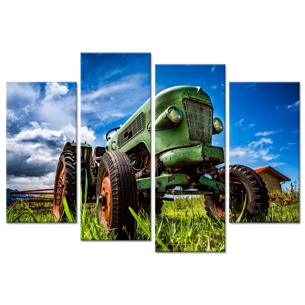 

4 Panle Art Green Old Tractor in Alpine Meadows Retro Style Car Blue Sky Landscape Picture Canvas Print For Home Modern Decor