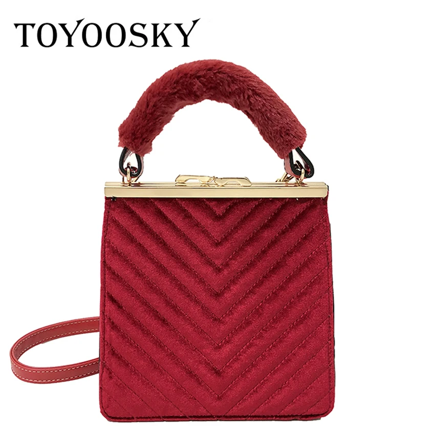 

TOYOOSKY Vintage Velour Messenger Bag Women Handbags Famous Brands Clip Ladies Crossbody Flap Bag Velvet Fur Handle Frame Clutch