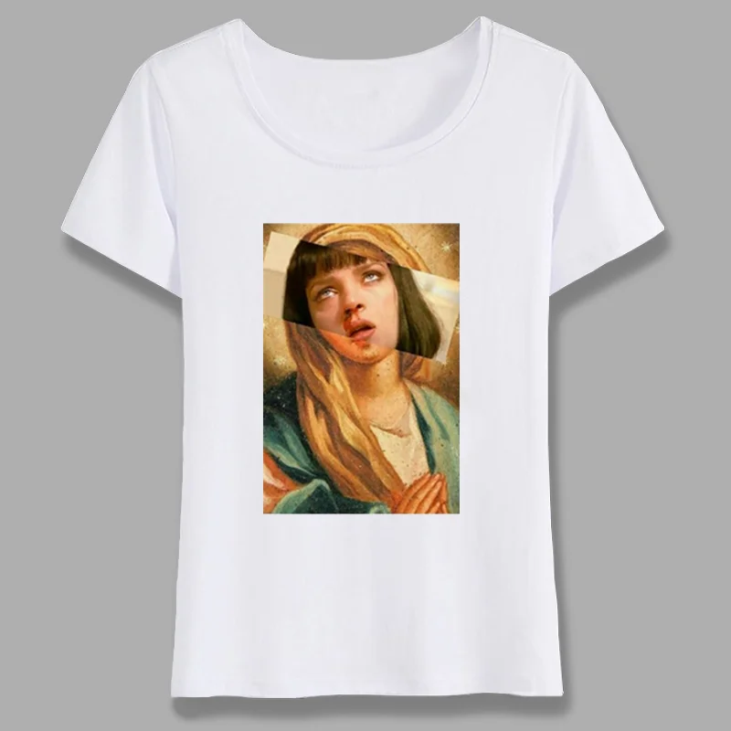 

Movie Pulp Fiction Virgin Mary T Shirt Summer Women Girl O-neck Short Sleeve Shirt Hip Hop Tees Tops Funny Streetwear