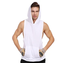 Men Vest Thin Breathable Anti-sweat Sleeveless Pullover Hooded Cotton Spandex Tank Tops Hoodies Sportswear with Pocket