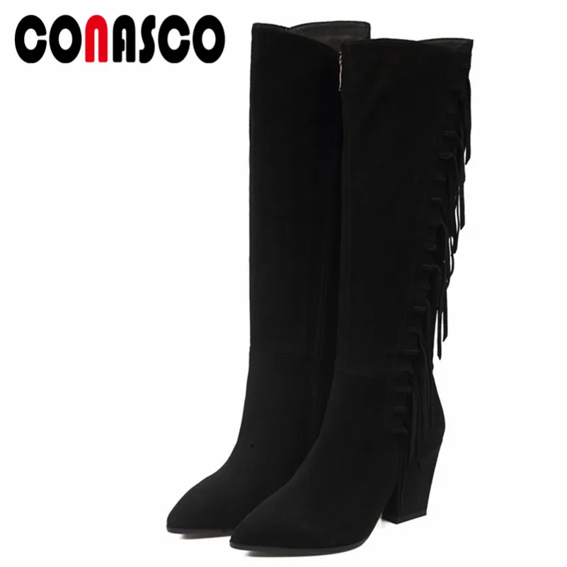 

CONASCO Women Knee High Boots Fringe Night Club Party Shoes Woman High Heels Long Warm Autumn Winter Shoes Woman High Boots