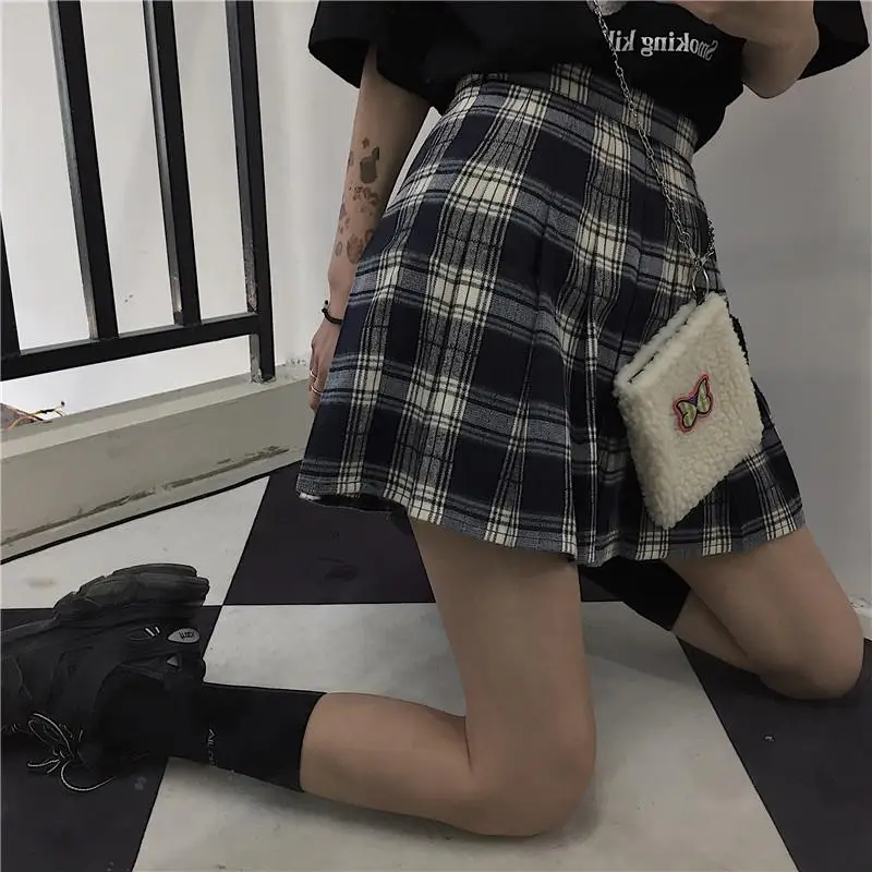 Harajuku клетчатая юбка для женщин в стиле ретро с завышенной талией плиссированные