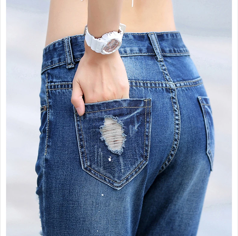 Свободные рваные джинсы брюки женские летние дырочки Femme Pantalon Плюс Размер 32 джинсовые синие брюки женские мальчики друг свободные шаровары