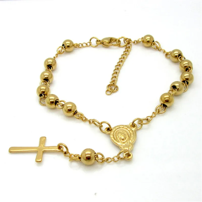 Silver/Gold Color Bead Rosary Bracelets Link Chain Cross Jesus Charm