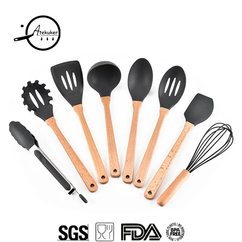 

Atekuker 8Pcs/set Kitchenware Wood Handle Silicone Ladle Spoon Egg Beater Scraper Food Clip Tong Spaghetti Tools Kitchen Utensil