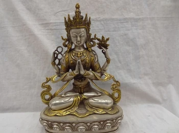 

song voge gem S2854 12" Tibet Silver Gilt Buddhist Kwan-Yin Sculpture 4 Arms Chenrezig Buddha Statue