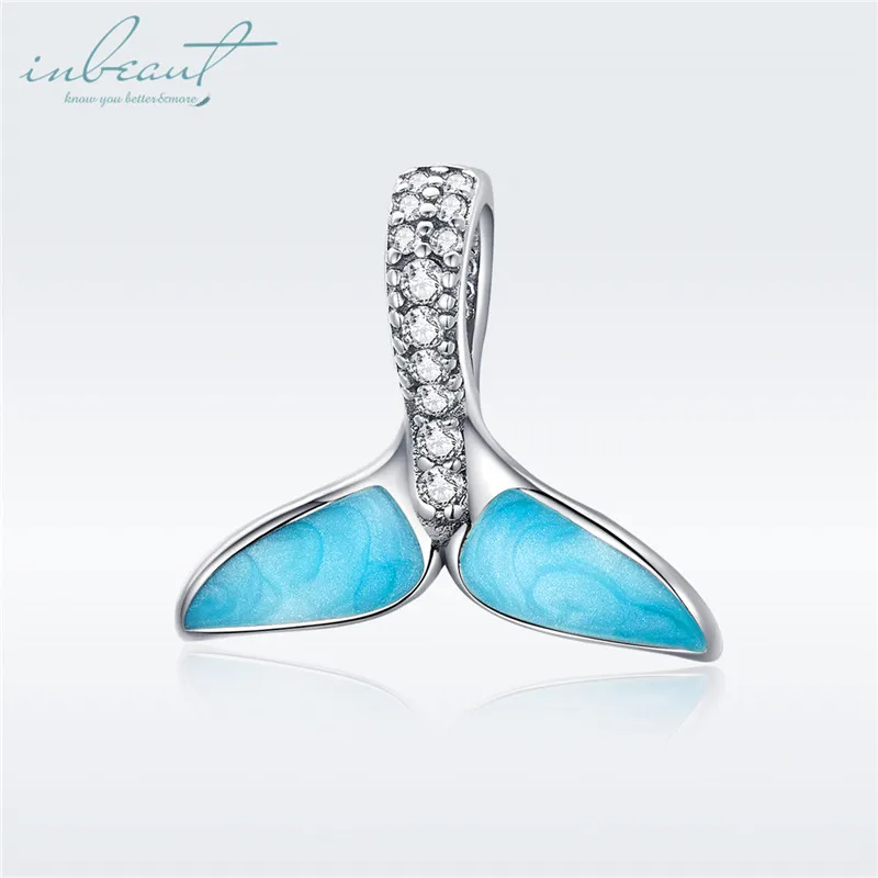 

S925 Sterling Silver fit Pandora Bracelet Blue Dolphin Tail Charms 925 White Round Zircon Fishtail Beads for DIY Banlges Chains