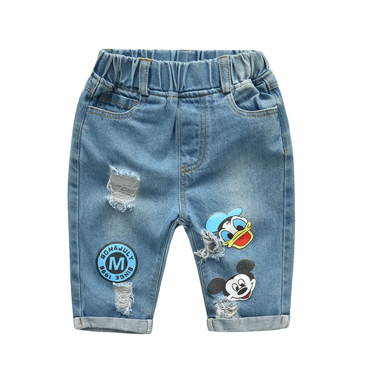 2018 New Infant Boys Girls Summer Cartoon Mickey Striped T Shirt + Denim Shorts Clothes Sets Children Kids Hole Jeans Clothing