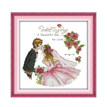 Romantic wedding bride and groom happy kiss DMC embroidery thread 14CT furniture sewing decorative cross stitch painting 1
