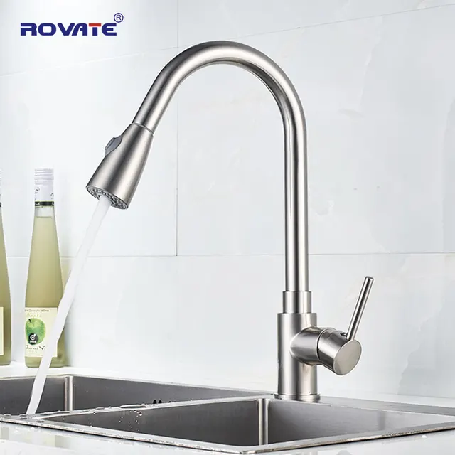 Special Price ROVATE Kitchen Faucet Pull Down Nickel Sink Faucet Spray Cold and Hot Sink Mixer Tap