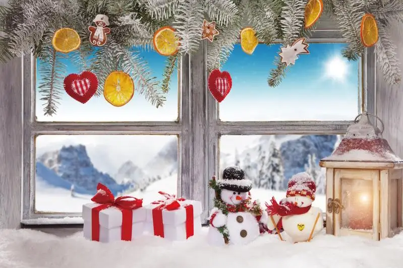 

Laeacco Photography Backdrops Christmas Tree Snowman Bauble Lantern Gift Window Sill Kid Photo Background Photocall Photo Studio