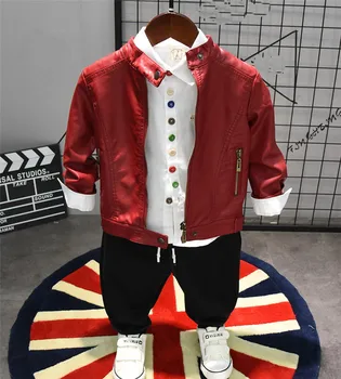 

3PCS Suits Kids Boys Clothes Sets Child Faux leather jacket + shirt + jeans Spring Autumn Children Boys Sets Children Clothing