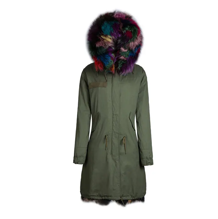 high quality real colorful fox fur jacket outerwear in cold winter with raccoon fur collar hood parka coats