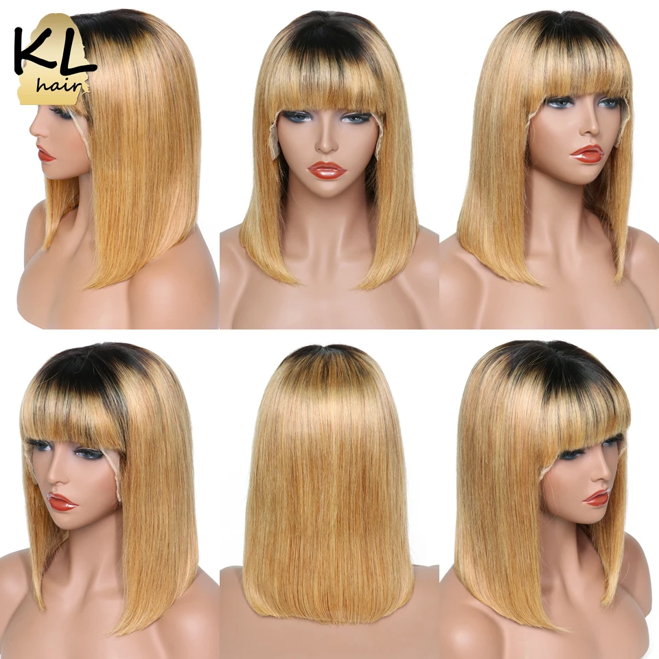 KL Hair, 13*4, парики из натуральных волос на кружеве с челкой, бразильские волосы remy, прямые короткие волосы, парик без клея, 130%, Омбре, цветные парики