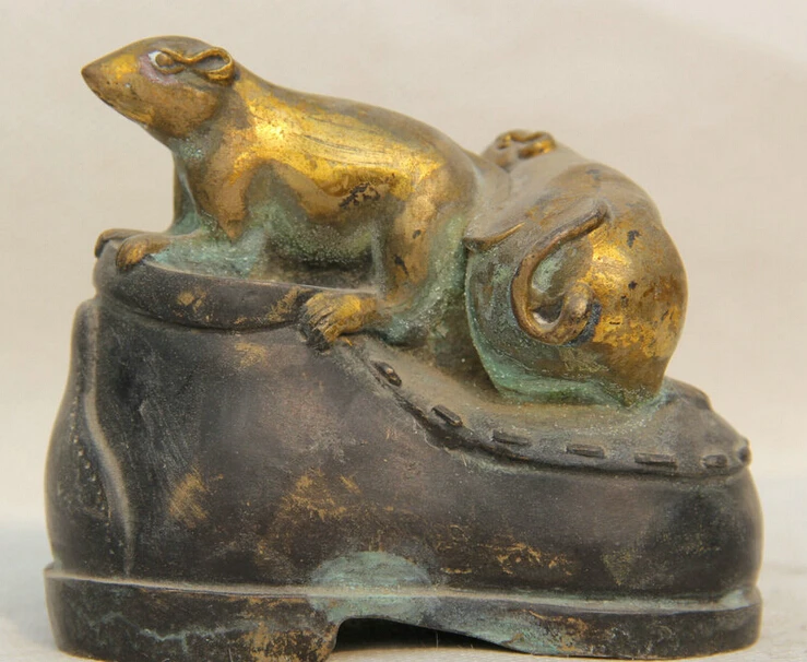 

4" Old Chinese Folk Bronze Gild Zodiac Year Mouse boots Shoes footwear Statue S0705 Discount 35%